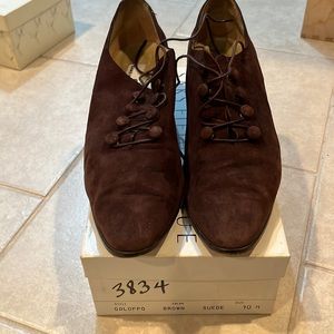 Brown suede great with slacks. Covered buttons tk